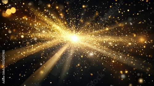 Golden Sparkles and Light Rays on Black Background