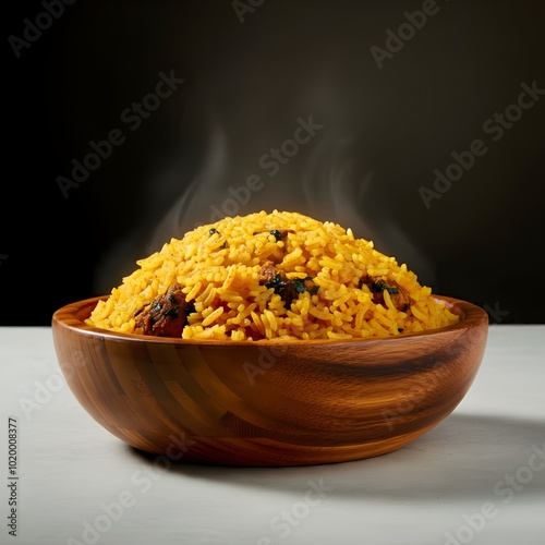 nigerian and ghanaian jollof rice served in a wooden bowl on white background photo