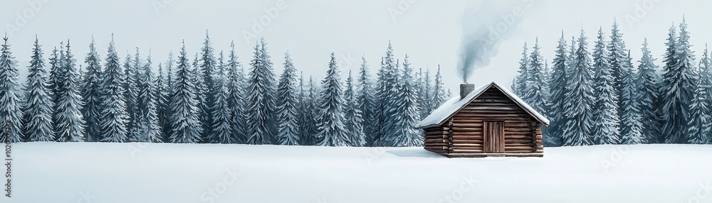 Obraz premium A cozy cabin in a snowy landscape surrounded by tall evergreen trees, creating a serene winter retreat atmosphere