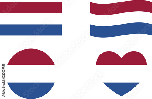 Netherlands flags set. Circle icon. waving flag. heart shape icon. Various designs	