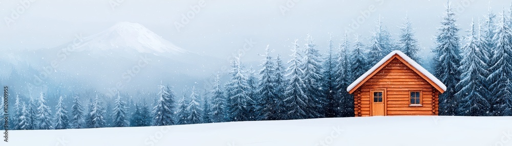 A cozy wooden cabin surrounded by snow-covered trees and a serene winter landscape, perfect for holiday and nature themes A cozy wooden cabin surrounded by snow-covered trees and a serene winter landscape, perfect for holiday and nature themes