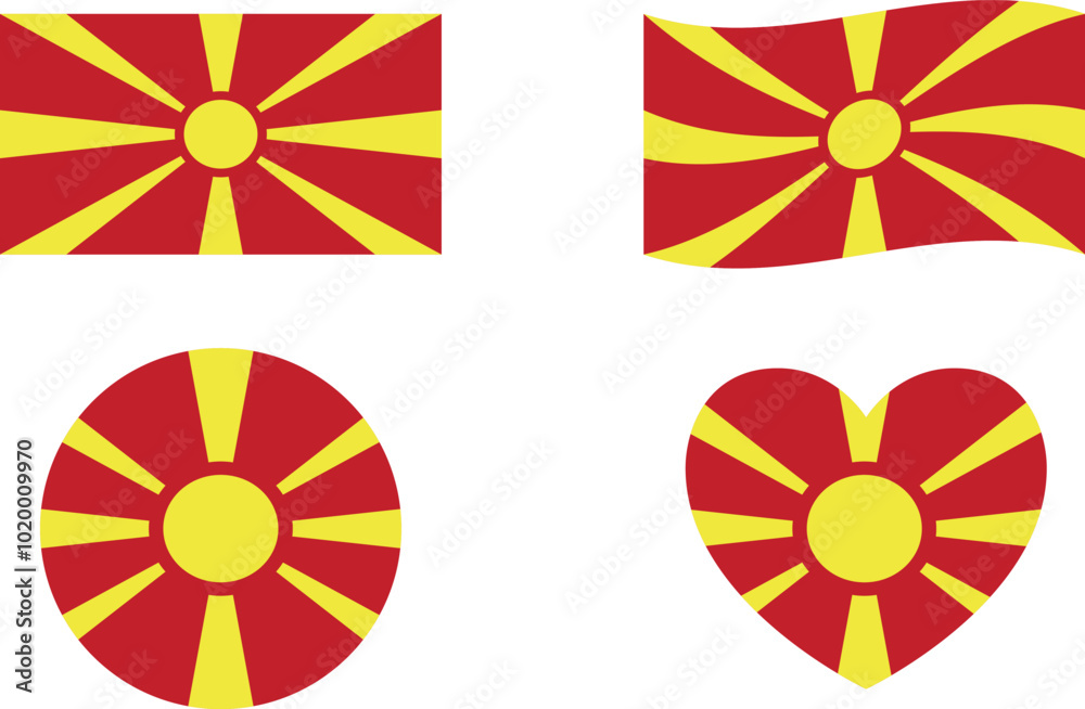 North Macedonia flags set. Circle icon. waving flag. heart shape icon. Various designs North Macedonia flags set. Circle icon. waving flag. heart shape icon. Various designs