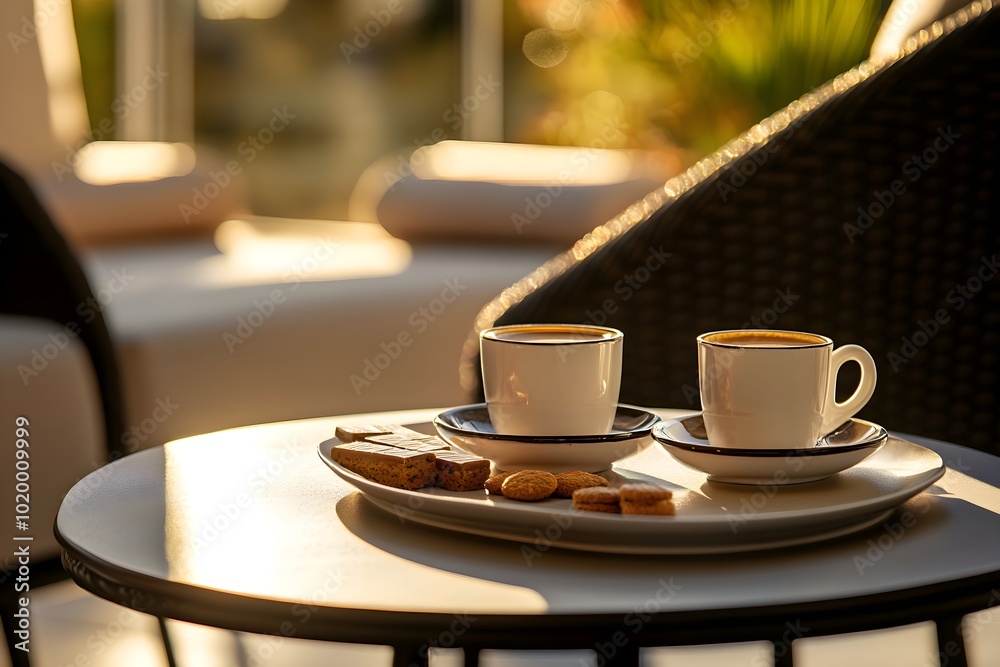 A couple of coffee cups and thin chocolate squares and biscuits on a small table, hotel terrace with chairs and sofa in the background, illuminated by golden morning light A couple of coffee cups and thin chocolate squares and biscuits on a small table, hotel terrace with chairs and sofa in the background, illuminated by golden morning light