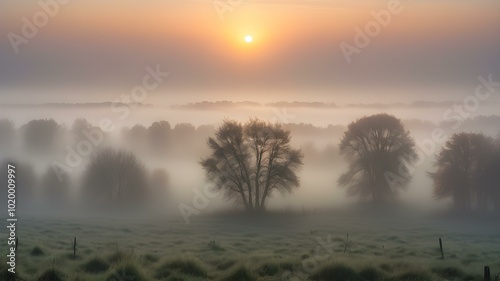 A quiet morning with a misty sky, the sun rising slowly and casting a gentle glow through the fog, creating an ethereal atmosphere 