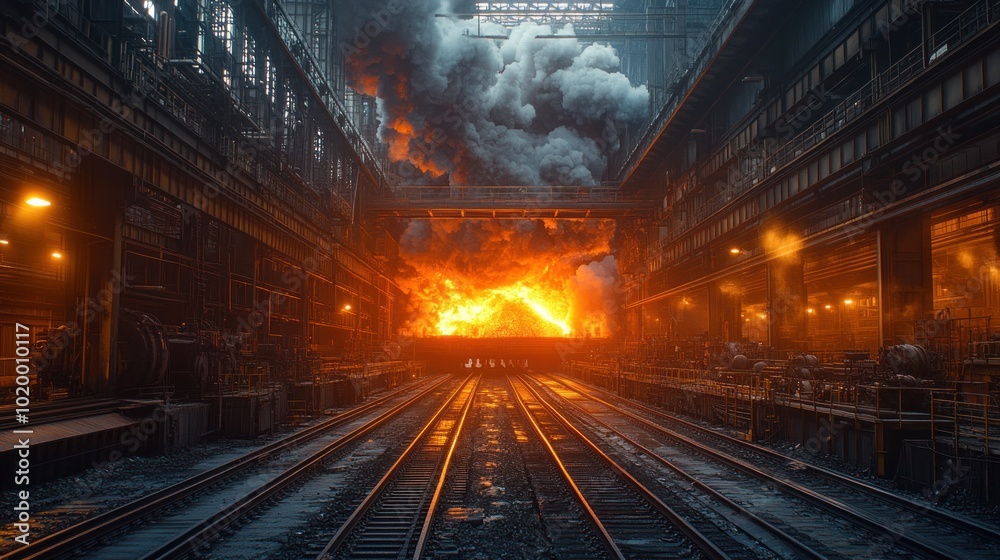 Fototapeta premium A fiery industrial scene with smoke and glowing molten metal.