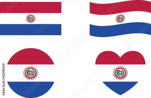 Paraguay flags set. Circle icon. waving flag. heart shape icon. Various designs	