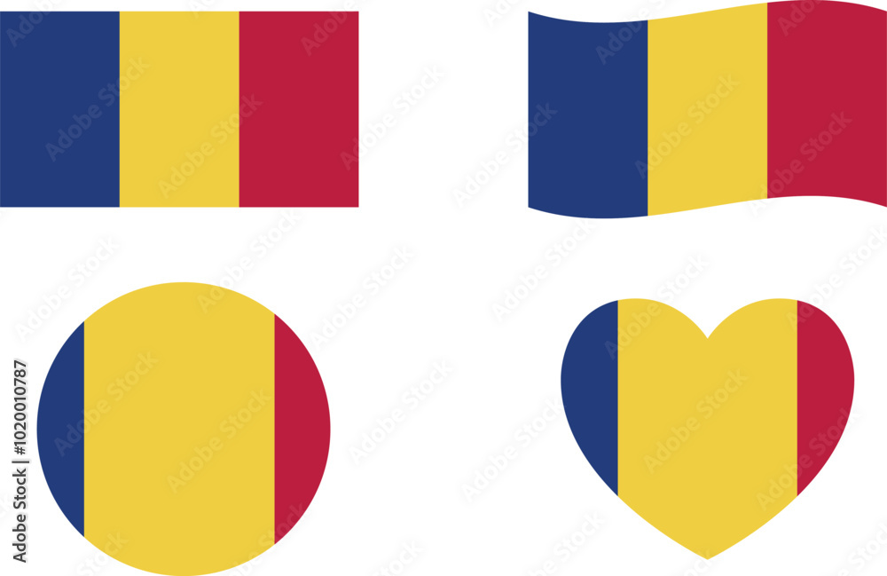 Fototapeta premium Romania flags set. Circle icon. waving flag. heart shape icon. Various designs 