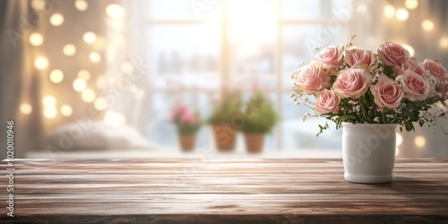 A bouquet of pink roses in a white vase, set against a softly lit background.