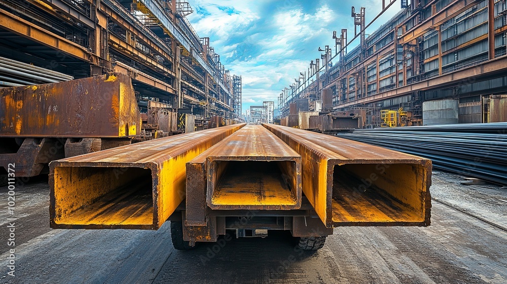 Large Rectangular Steel Beams Resting on a Flatbed Trailer in an Industrial Setting