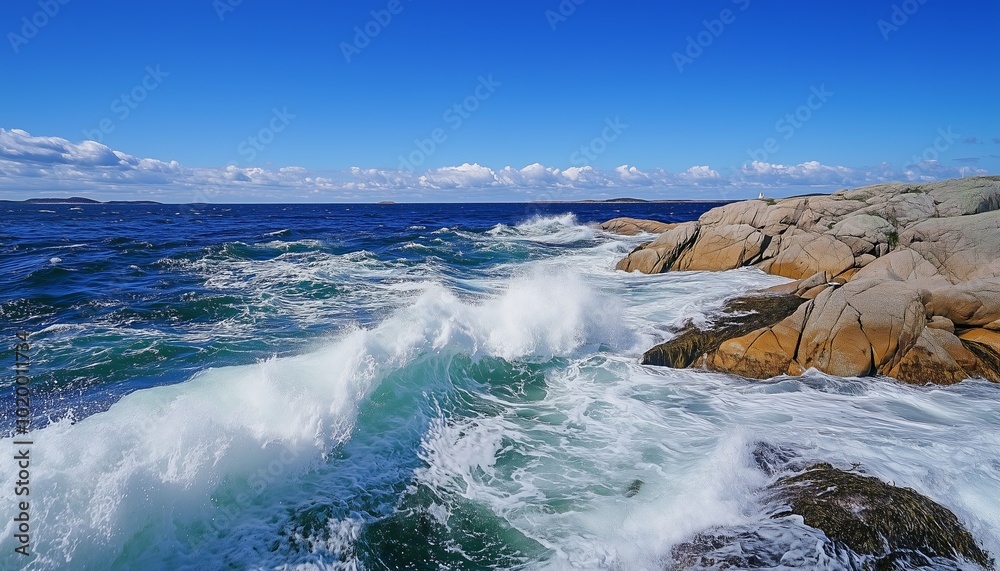 Fototapeta premium Norwegian sea waves crashing on a rocky shore, sunny day on Sotra Island in Norway. 