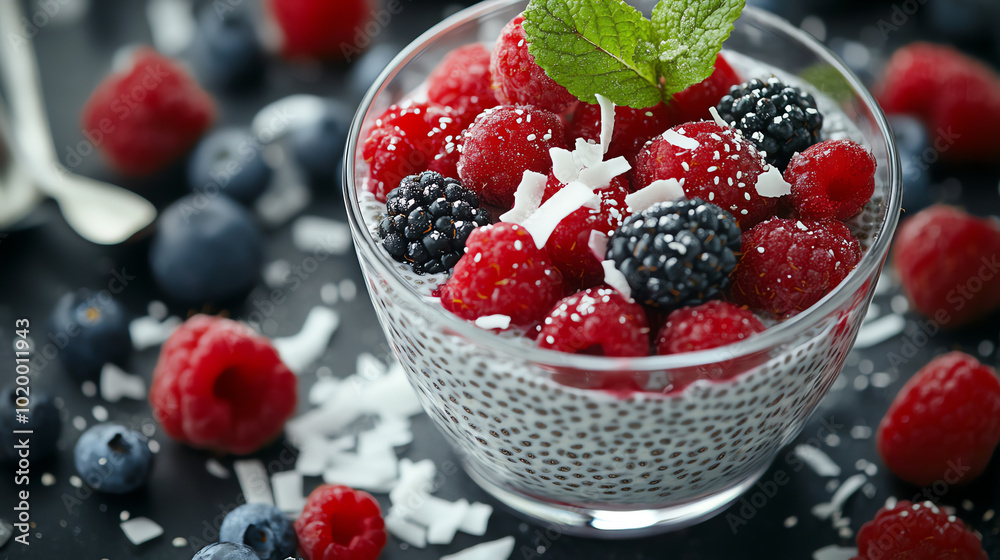 Delicious chia seed pudding topped with fresh raspberries, blackberries, and blueberries, garnished with a mint leaf on a dark background with coconut flakes. Delicious chia seed pudding topped with fresh raspberries, blackberries, and blueberries, garnished with a mint leaf on a dark background with coconut flakes.