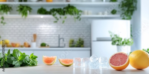 Fototapeta Naklejka Na Ścianę i Meble -  Refreshing citrus fruits and mint with ice cubes on a wooden table.