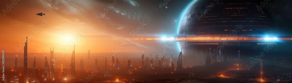 Futuristic landscape featuring a city under a vibrant orange and blue sky.