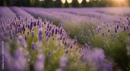 Close-up of blooming lavender flowers in a field, with a blurred background and a warm glow.