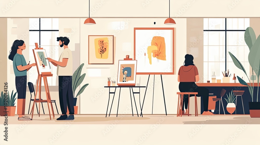 Fototapeta premium A Group of Artists Working and Viewing Artwork in a Studio