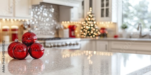 A festive kitchen decorated with red ornaments and a Christmas tree glowing in the background.