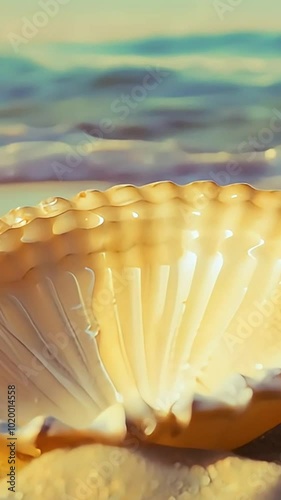Closeup of a seashell with soft, warm lighting and a blurred background.