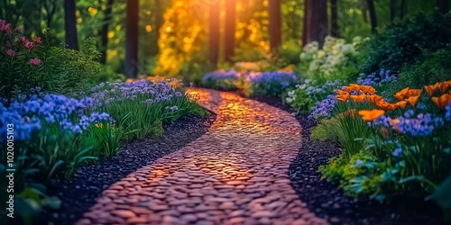 Fototapeta Naklejka Na Ścianę i Meble -  A cobblestone path winding through garden filled with orange and blue flowers under golden sunlight