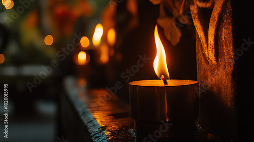 close up Candles warn yellow lighting and fire candle flame with copy space for all saints' day background banner.