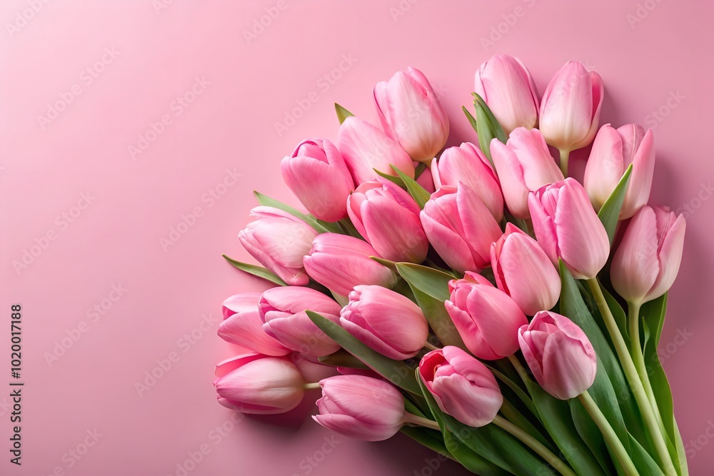 Naklejka premium Bouquet of vivid pink peony staying on pastel back. Mothers day, Valentines, Easter, Birthday greeting card. Copy space for text, top view, flat lay