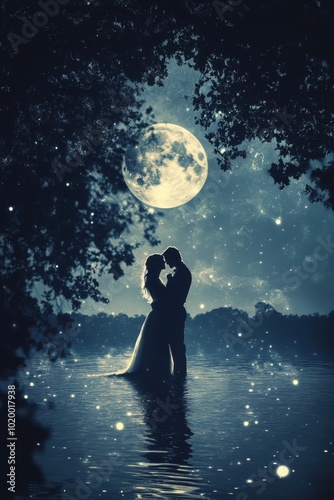 A romantic silhouette of a couple embracing under a full moon with sparkling water, creating a magical atmosphere.