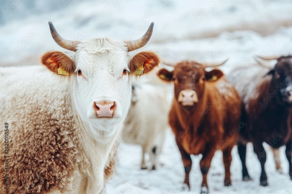 Cows in snowy landscape, showcasing different breeds and textures. Cows in snowy landscape, showcasing different breeds and textures.