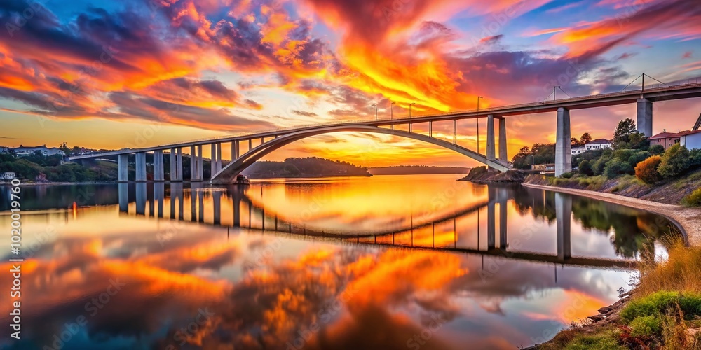 Naklejka premium Stunning View of Vasco Bridge at Sunset with Vibrant Sky Reflected in Water Below in Portugal