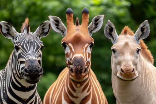 Three unique animals posing together, green background with soft focus.