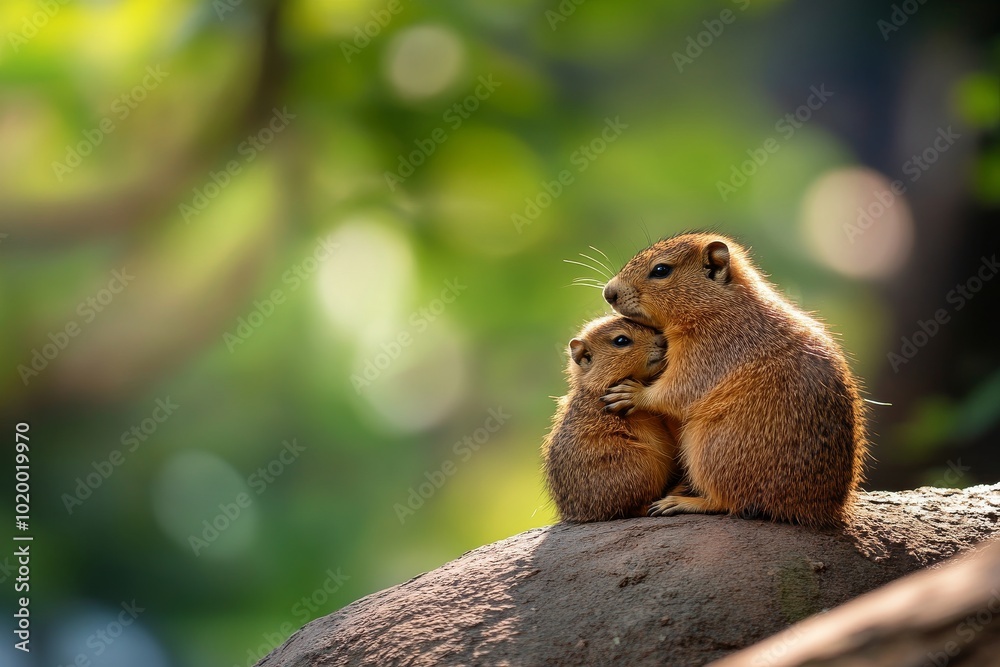 Two adorable squirrels cuddling on a rock in a natural setting. Two adorable squirrels cuddling on a rock in a natural setting.