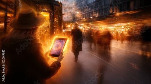 Illustrate a bustling marketplace where modern witches in stylish attire use their magical powers alongside smartphones and tablets Capture the blend of technology and witchcraft seamlessly., photo