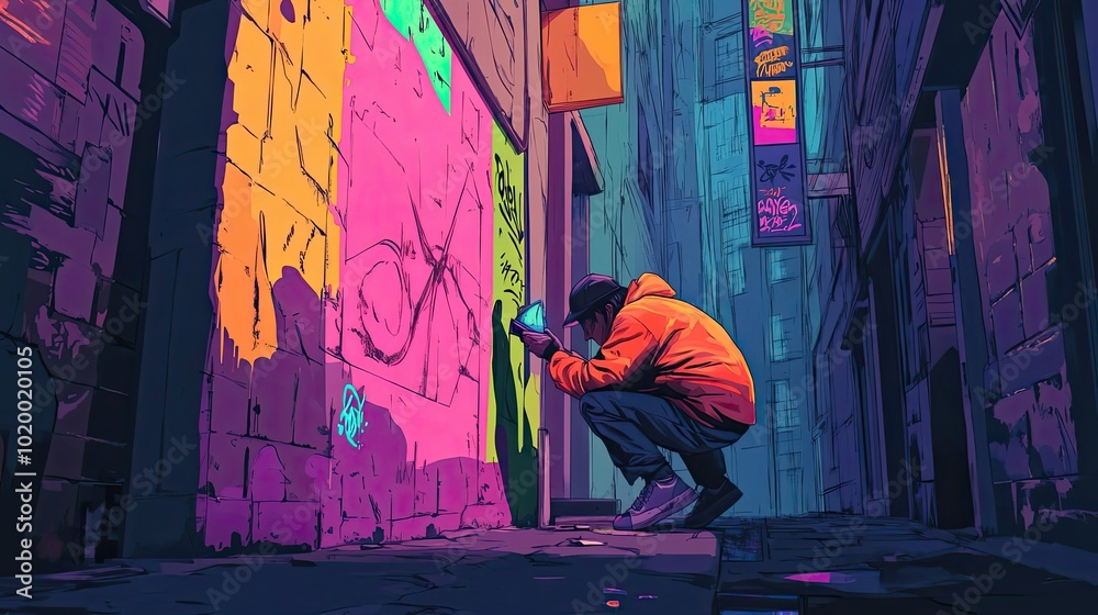 Fototapeta premium A Person in an Orange Jacket Kneeling and Observing Graffiti in a City Alley