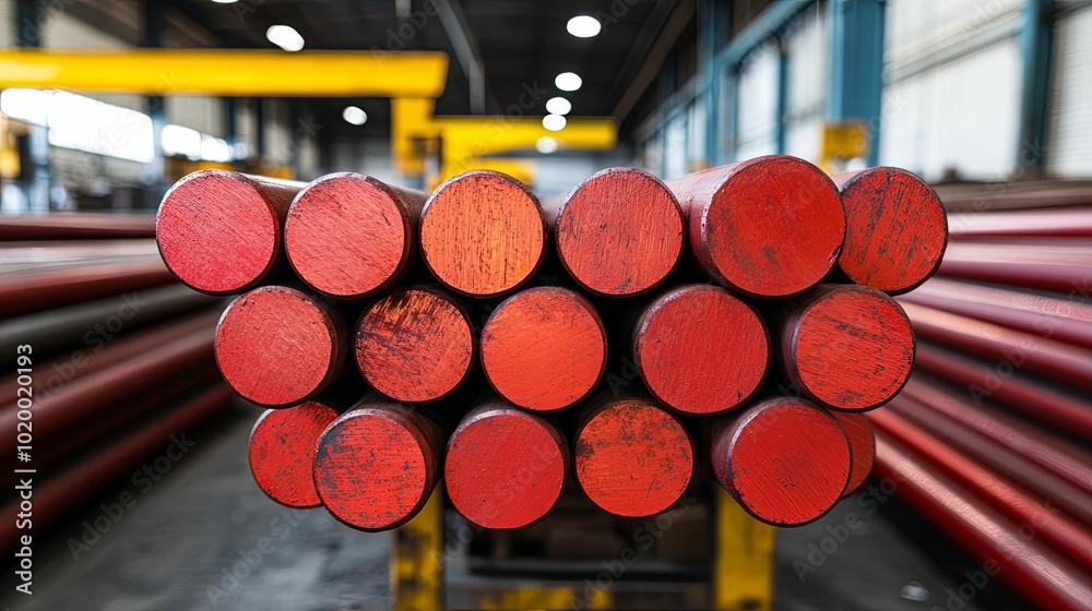 Close-up of Red-Painted Steel Rods in a Warehouse Close-up of Red-Painted Steel Rods in a Warehouse