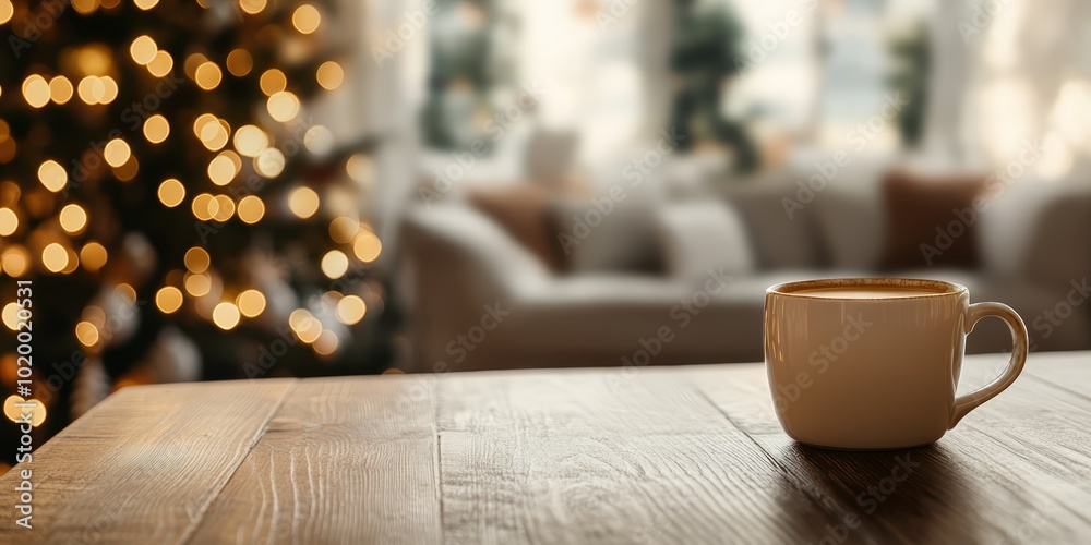 Cozy coffee scene with a warm cup on a wooden table, festive lights blurred in the background. Cozy coffee scene with a warm cup on a wooden table, festive lights blurred in the background.