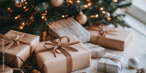 Christmas gifts elegantly wrapped under a beautifully lit tree.