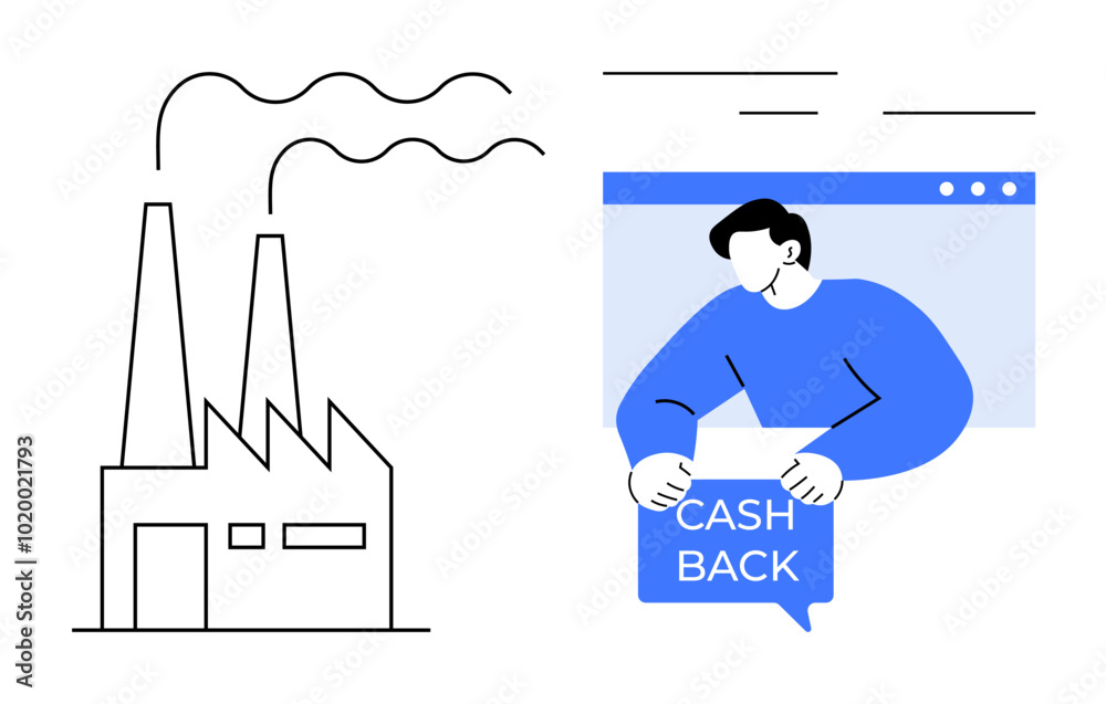 Factory with two smokestacks on the left and a person holding a Cash Back sign on the right. Ideal for business, finance, savings, manufacturing, online services Factory with two smokestacks on the left and a person holding a Cash Back sign on the right. Ideal for business, finance, savings, manufacturing, online services