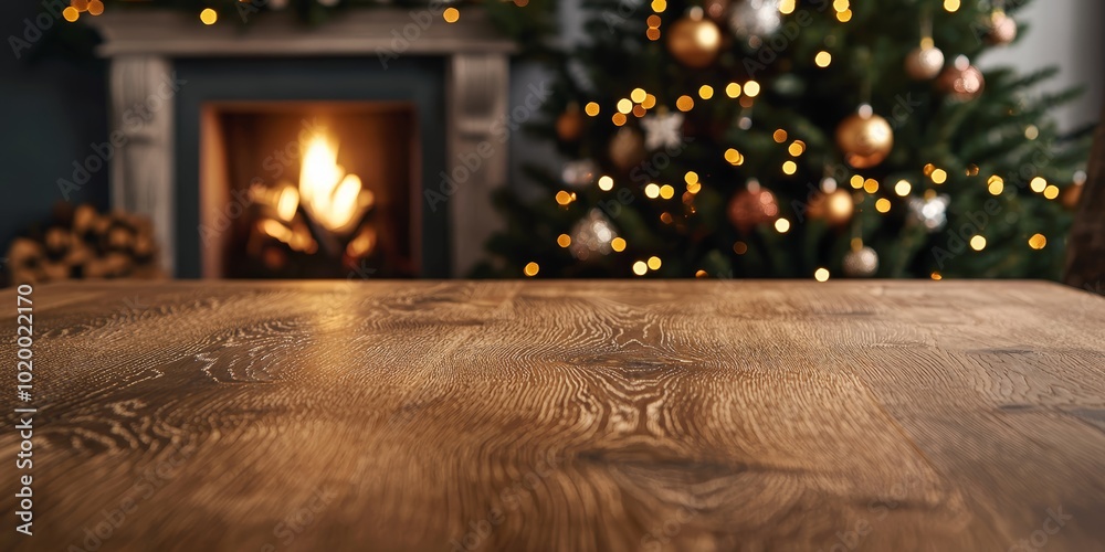 Cozy wooden table setting by a festive Christmas tree and a warm fireplace glow. Cozy wooden table setting by a festive Christmas tree and a warm fireplace glow.