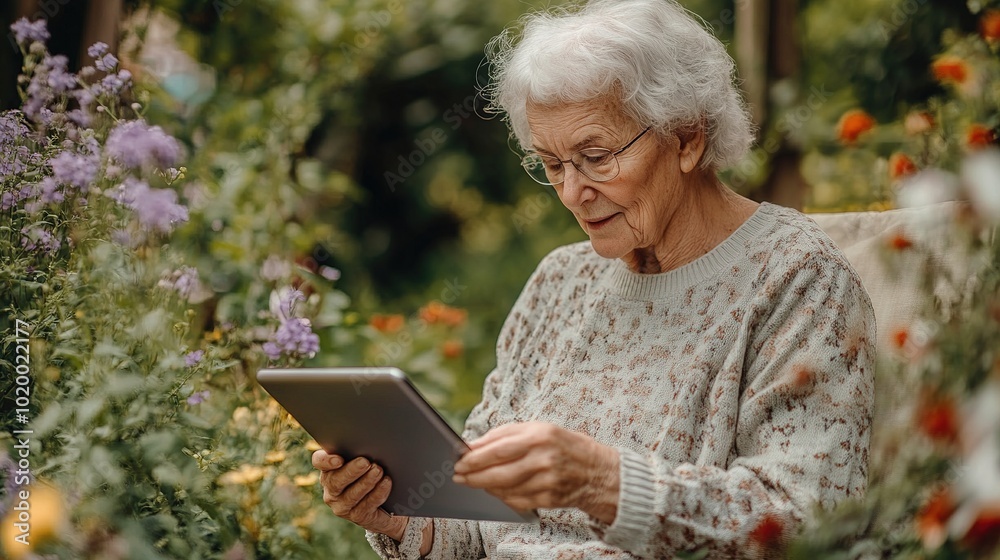 Elderly Woman Enjoying Tablet in Lush Garden Setting Elderly Woman Enjoying Tablet in Lush Garden Setting
