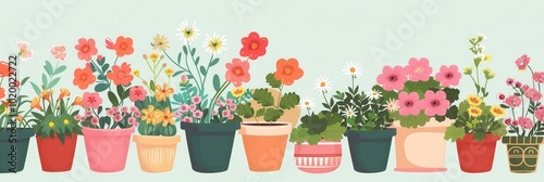 A delightful array of vibrant flowers in decorative pots creates a cheerful spring atmosphere, showcasing varied colors and types. Generative AI photo