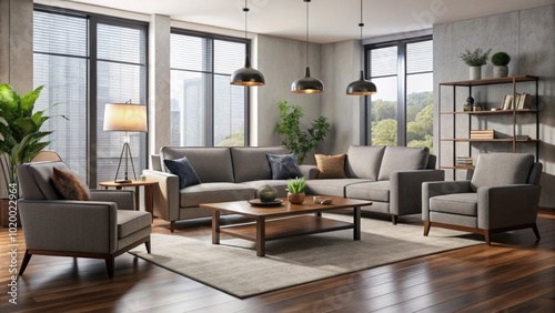 Chic living room furniture set with cozy sofas, fashionable accent chairs, and a sleek coffee table, perfect for creating a warm and stylish ambiance.