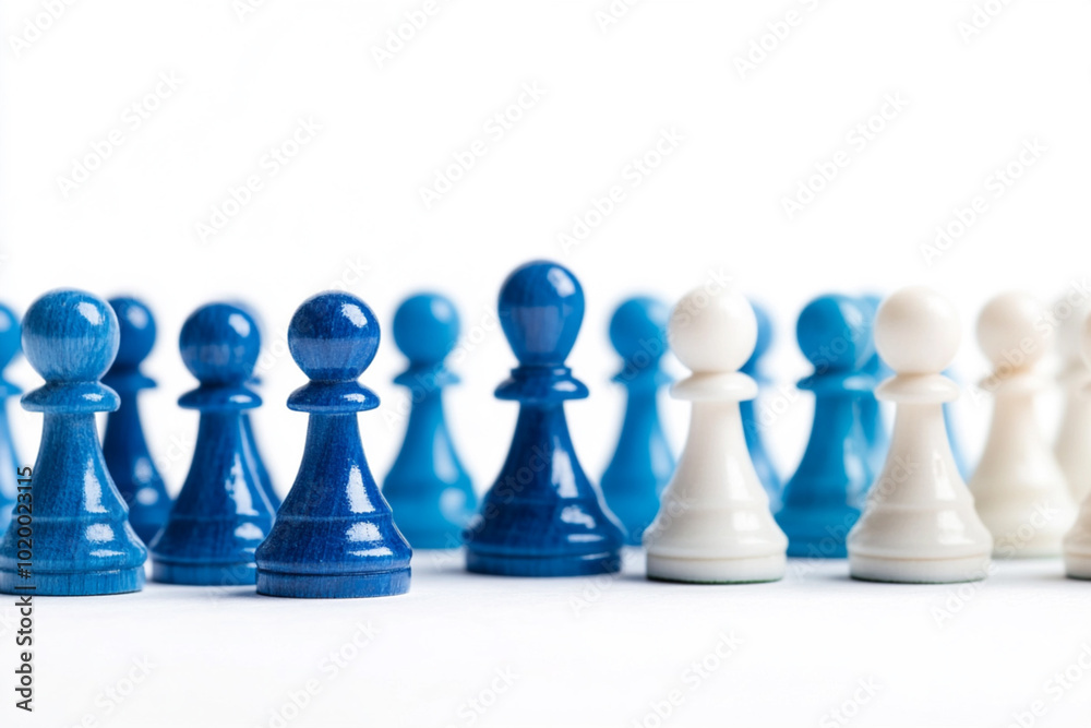 A row of wooden chess pieces with blue and white pieces