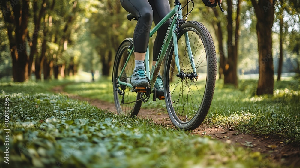 Fototapeta premium Cycling Through a Lush Green Forest Path