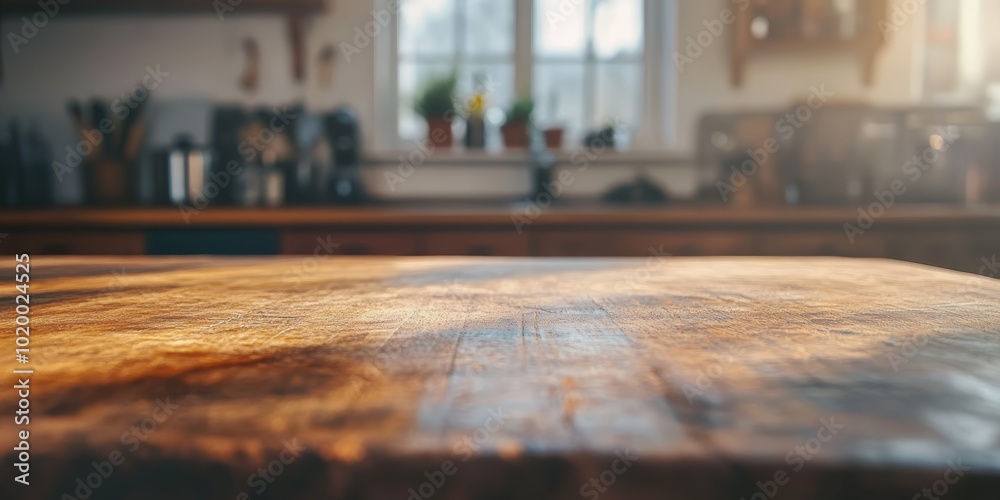 Warm wooden kitchen countertop bathed in soft morning light. Warm wooden kitchen countertop bathed in soft morning light.