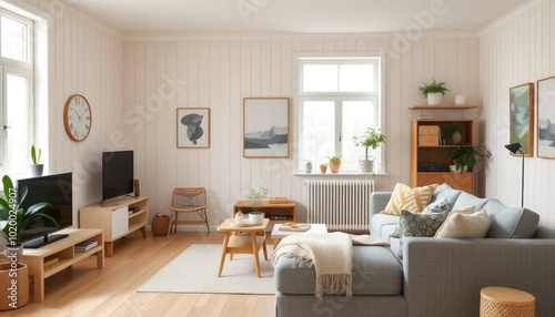 Scandinavian-inspired living room with rare vintage decor, featuring pale wood paneling, soft beige walls, and a cozy gray sectional. The room is styled with minimal accessories for a clean aesthetic.