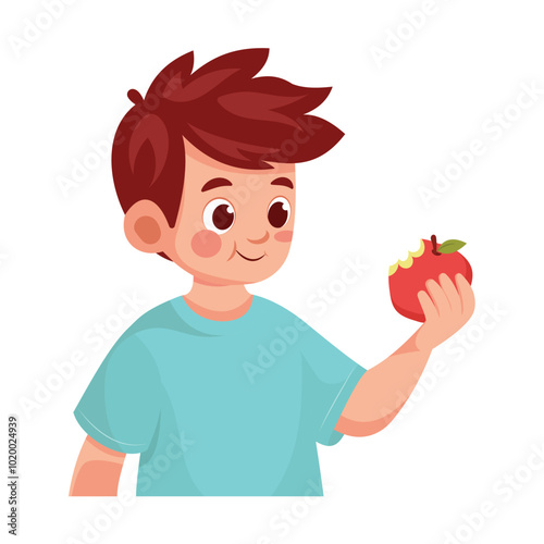 kid eats red apple fruit flat vector design