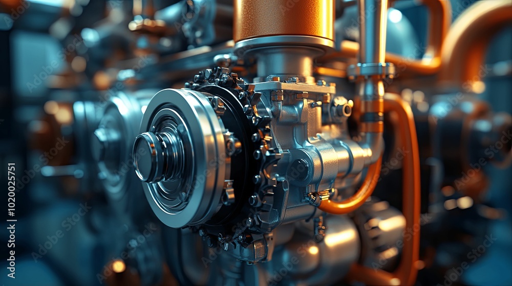 Close-up of a Shiny Metal Gear Mechanism with Orange Piping Close-up of a Shiny Metal Gear Mechanism with Orange Piping
