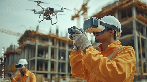 Construction Worker with VR Headset Uses a Drone to Inspect a Building
