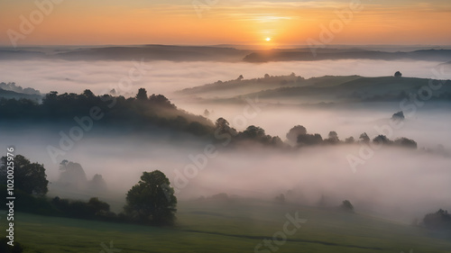 A tranquil scene of a misty sky at dawn, with the landscape partially obscured by fog and the soft light of morning breaking through 