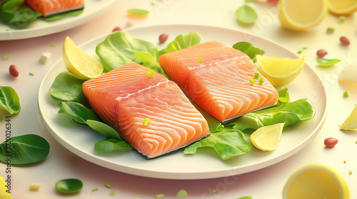 Fresh salmon fillets served on a plate with vibrant greens and slices of lemon, creating a visually appealing and healthy dish.