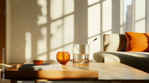 A cozy living room scene featuring wooden coffee table with glass of water, an orange bowl, and decorative orange vase. warm sunlight casts beautiful shadows, creating serene atmosphere