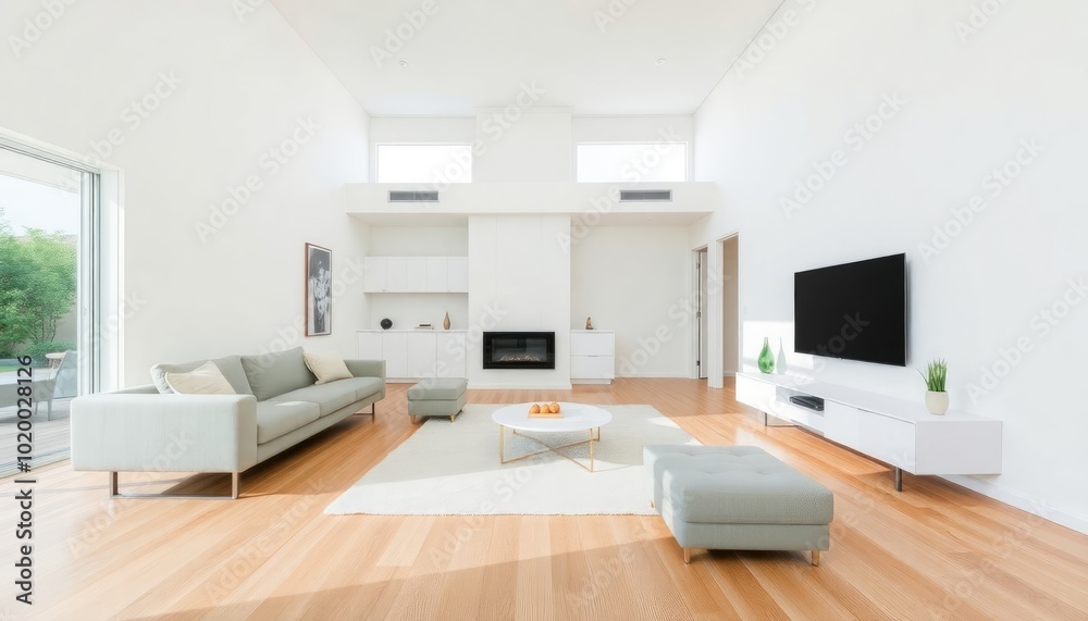 Contemporary minimalist living room with custom-built furniture, featuring white walls, light oak floors, and a large, floating media console for a sleek, modern look. Contemporary minimalist living room with custom-built furniture, featuring white walls, light oak floors, and a large, floating media console for a sleek, modern look.